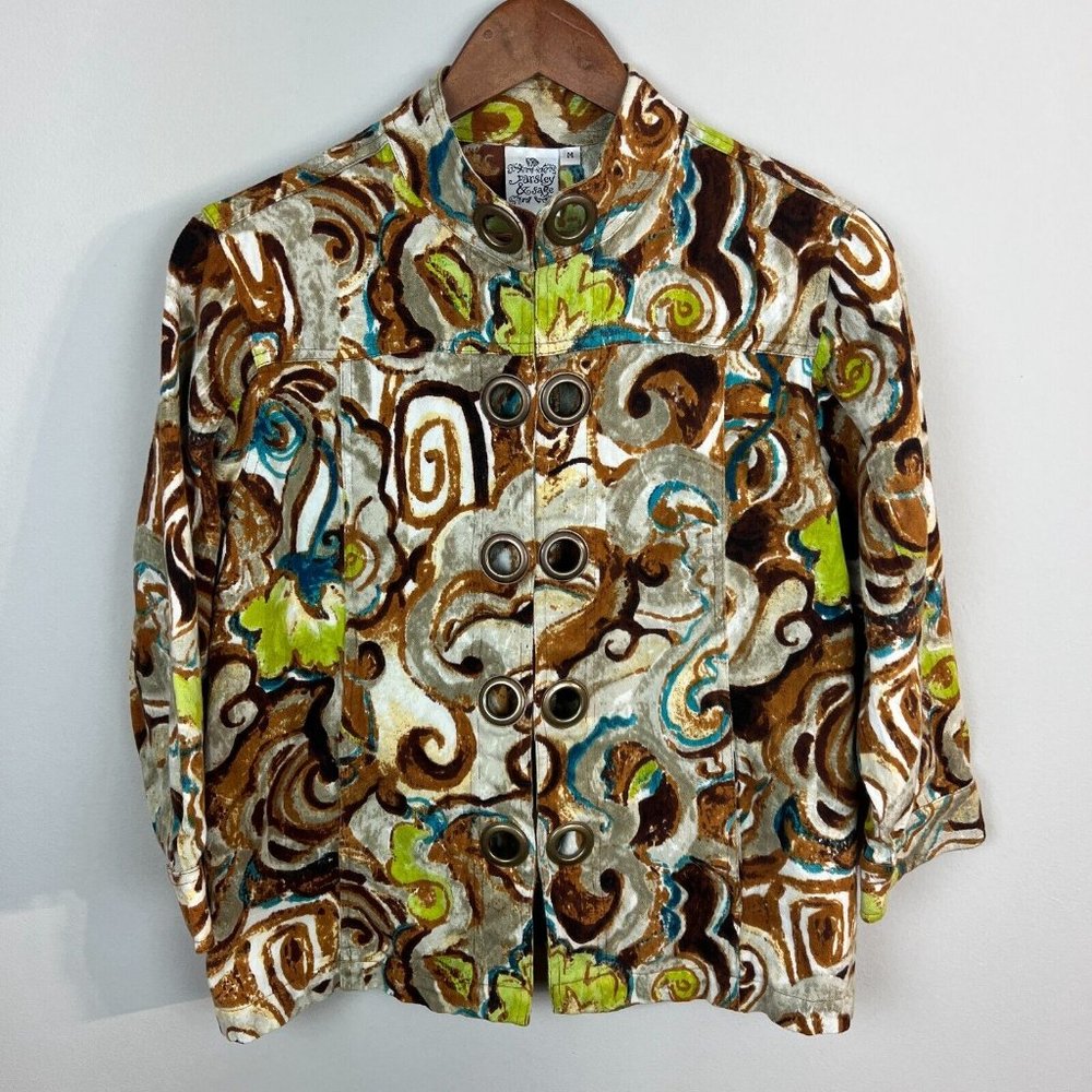 Parsley‎ & Sage Jacket M Green Brown Abstract Print Grommets 3/4 Sleeve Cotton